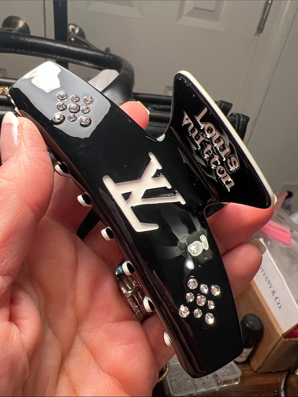 Black Logo Crystal Hair Claw